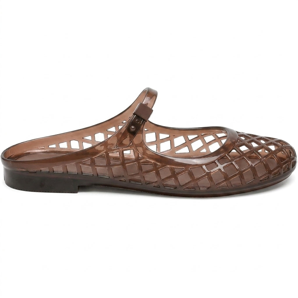 Clear Jelly Slide Sandals for Women Slip On Closed Round Toe Mesh Hollow Flat Mary Jane Mules Beach Jellies Comfortable Buckle Strap Slippers Shoes